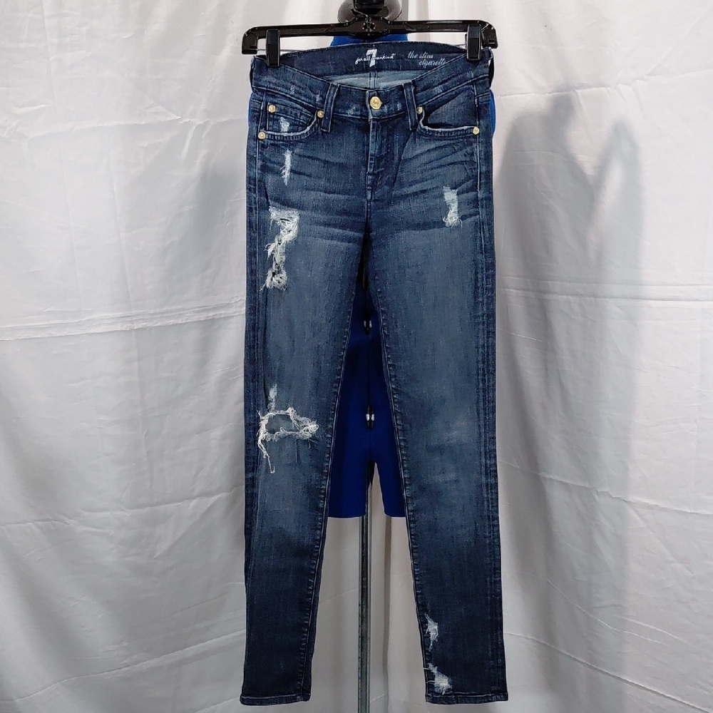 7 For All Mankind Dark Blue Distressed Skinny Jeans